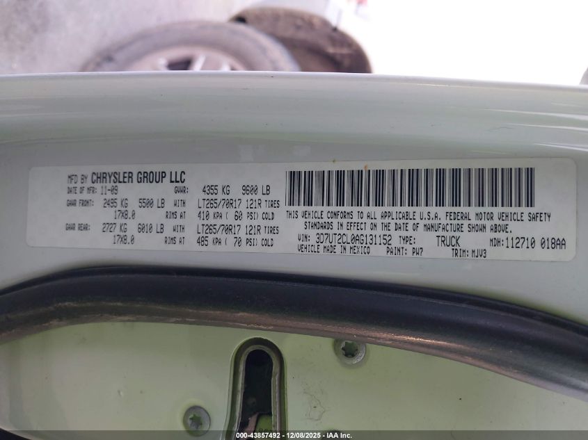 2010 Dodge Ram 2500 Slt VIN: 3D7UT2CL0AG131152 Lot: 43857492