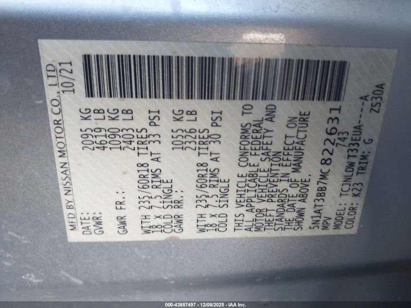 2021 Nissan Rogue Sv Intelligent Awd VIN: 5N1AT3BB7MC822631 Lot: 43857497