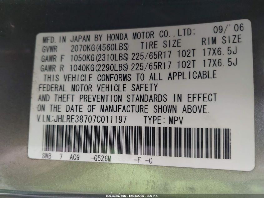 2007 Honda Cr-V Ex-L VIN: JHLRE38707C011197 Lot: 43857506