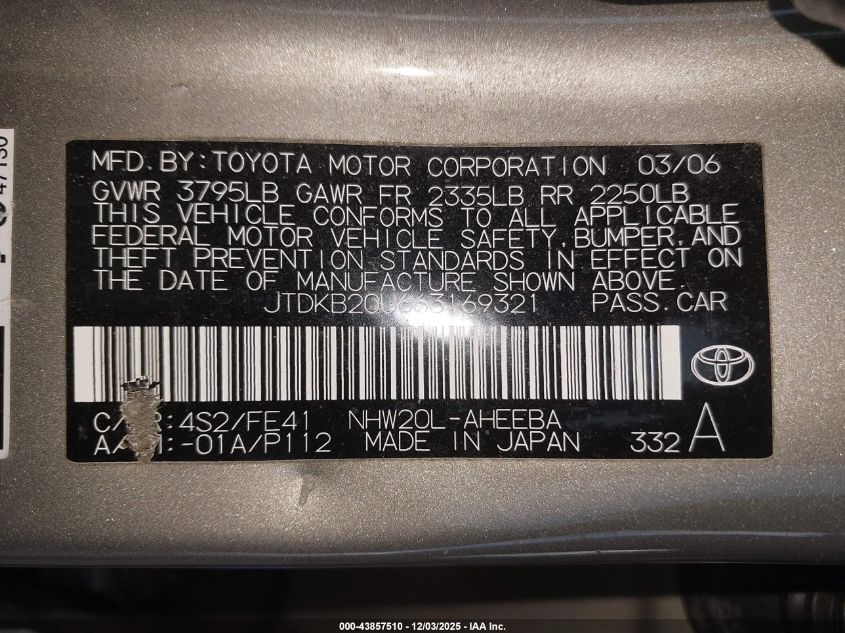 2006 Toyota Prius VIN: JTDKB20U663169321 Lot: 43857510