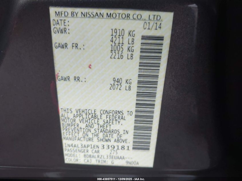 2014 Nissan Altima 2.5/2.5 S/2.5 Sl/2.5 Sv VIN: 1N4AL3AP1EN339181 Lot: 43857511