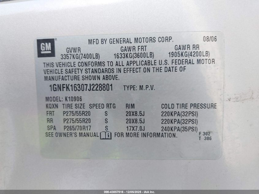 2007 Chevrolet Suburban 1500 Lt VIN: 1GNFK16307J228801 Lot: 43857516