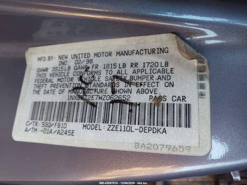 1998 Toyota Corolla Ce VIN: 1NXBR12E7WZ062652 Lot: 43857518