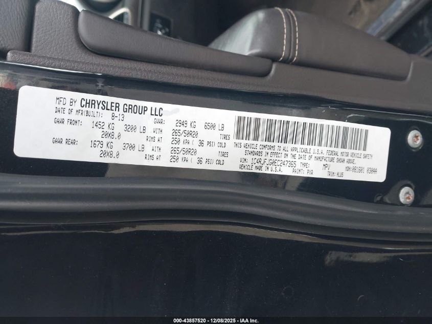 2014 Jeep Grand Cherokee Summit VIN: 1C4RJFJG0EC247365 Lot: 43857520