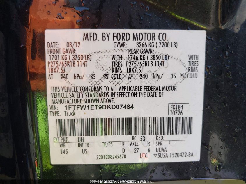 2013 Ford F-150 Xlt VIN: 1FTFW1ET9DKD07484 Lot: 43857522