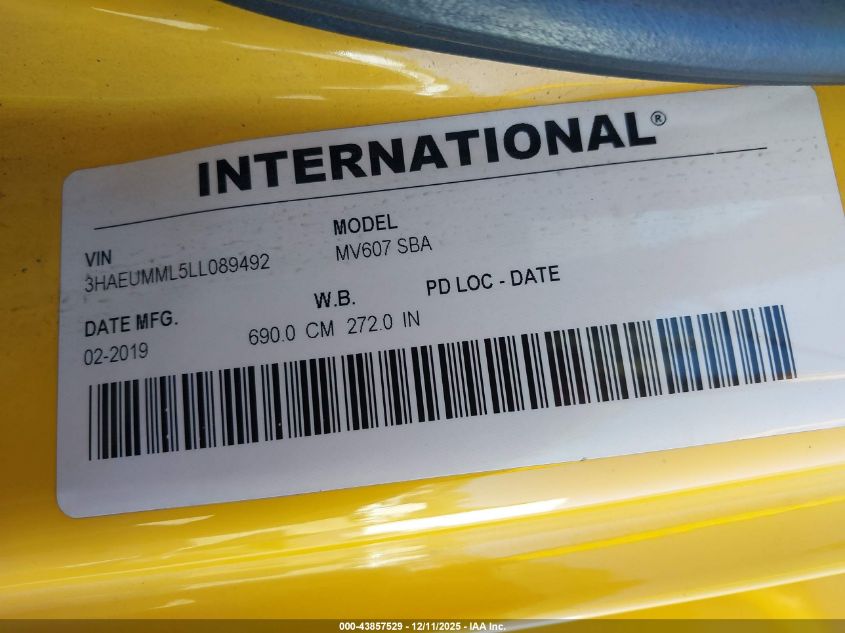 2020 International Mv VIN: 3HAEUMML5LL089492 Lot: 43857529