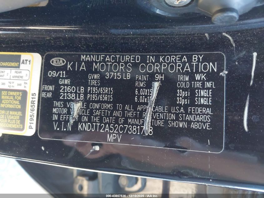 2012 Kia Soul VIN: KNDJT2A52C7381718 Lot: 43857536