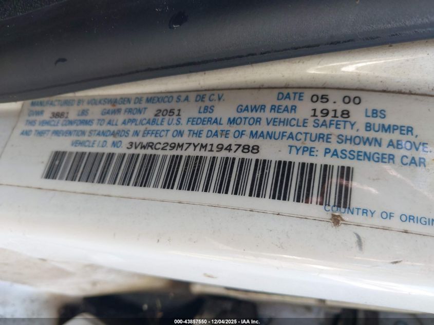 2000 Volkswagen Jetta Gl VIN: 3VWRC29M7YM194788 Lot: 43857550
