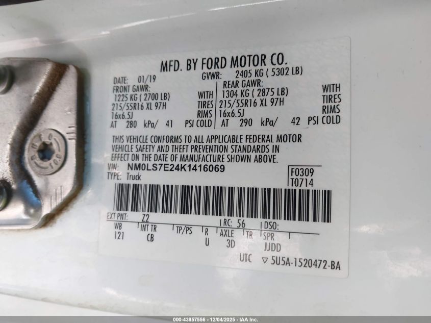 2019 Ford Transit Connect Xl VIN: NM0LS7E24K1416069 Lot: 43857556