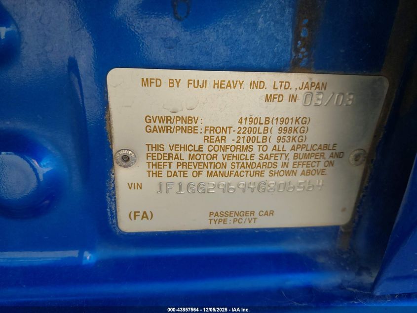 2004 Subaru Impreza Wrx VIN: JF1GG29694G806564 Lot: 43857564