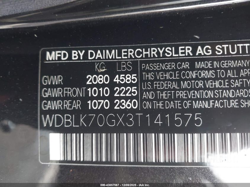2003 Mercedes-Benz Clk 430 VIN: WDBLK70GX3T141575 Lot: 43857567