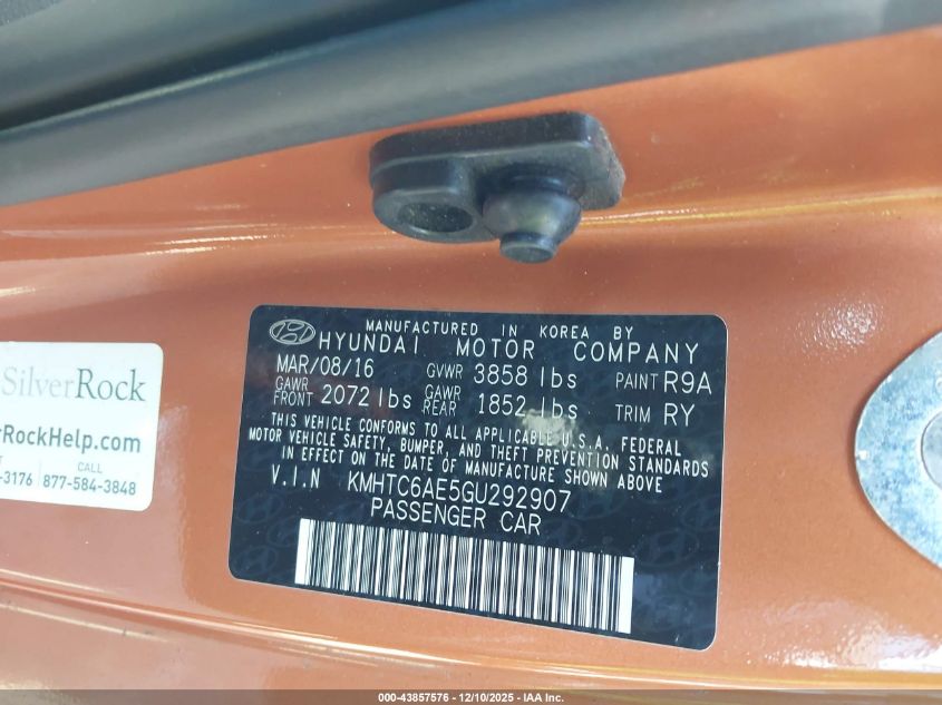 2016 Hyundai Veloster Turbo VIN: KMHTC6AE5GU292907 Lot: 43857576