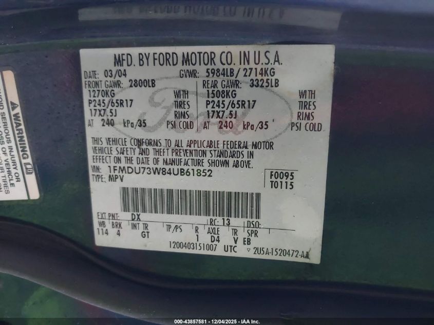 2004 Ford Explorer Nbx/Xlt VIN: 1FMDU73W84UB61852 Lot: 43857581