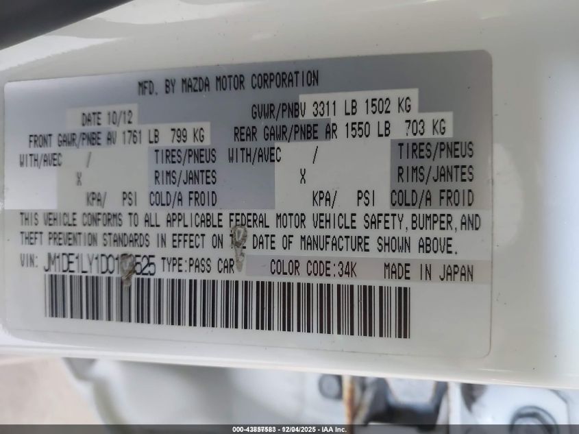 2013 Mazda Mazda2 Touring VIN: JM1DE1LY1D0158525 Lot: 43857583