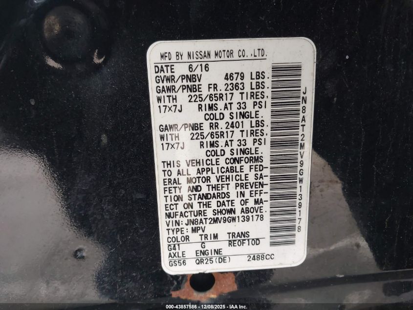 2016 Nissan Rogue S VIN: JN8AT2MV9GW139178 Lot: 43857586