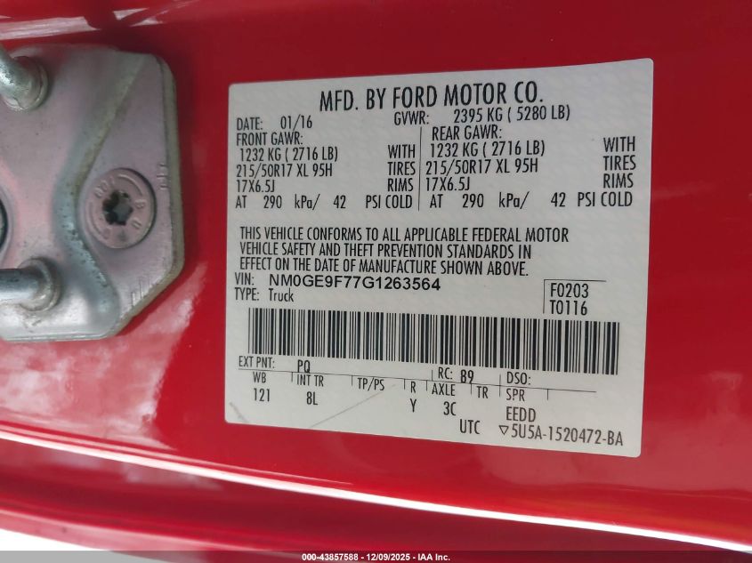 2016 Ford Transit Connect Xlt VIN: NM0GE9F77G1263564 Lot: 43857588