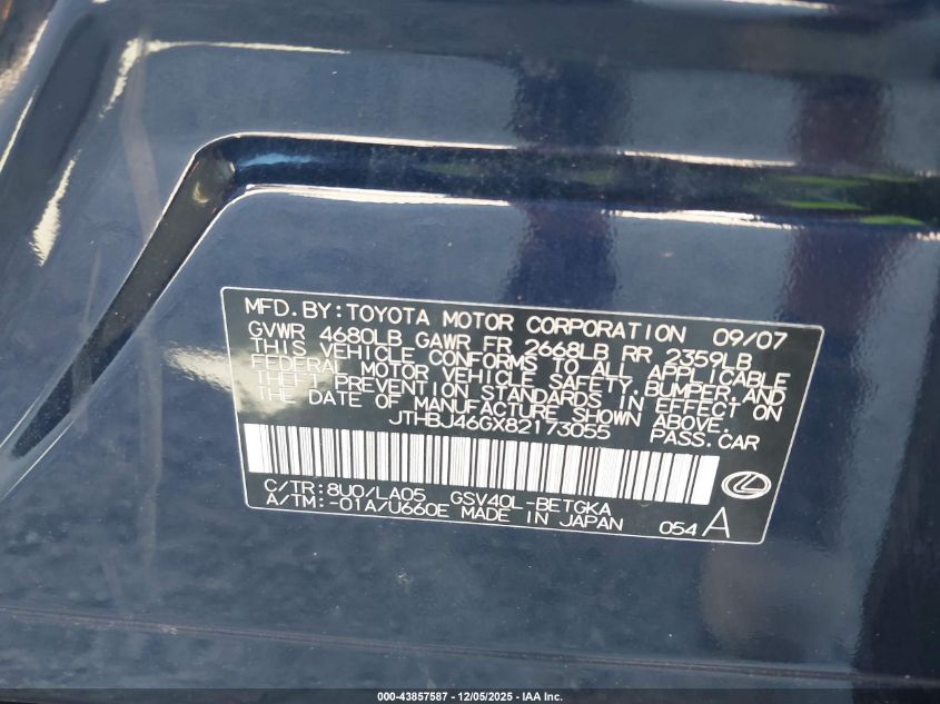 2008 Lexus Es 350 VIN: JTHBJ46GX82173055 Lot: 43857587