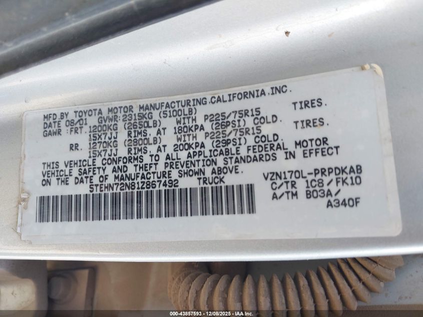 2001 Toyota Tacoma Base V6 VIN: 5TEHN72N81Z867492 Lot: 43857593