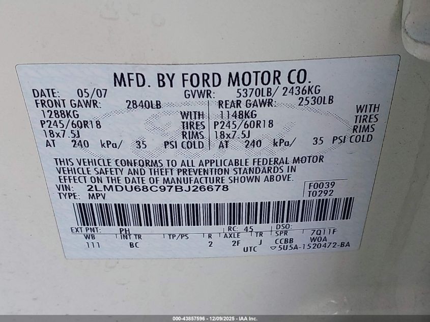 2007 Lincoln Mkx VIN: 2LMDU68C97BJ26678 Lot: 43857596