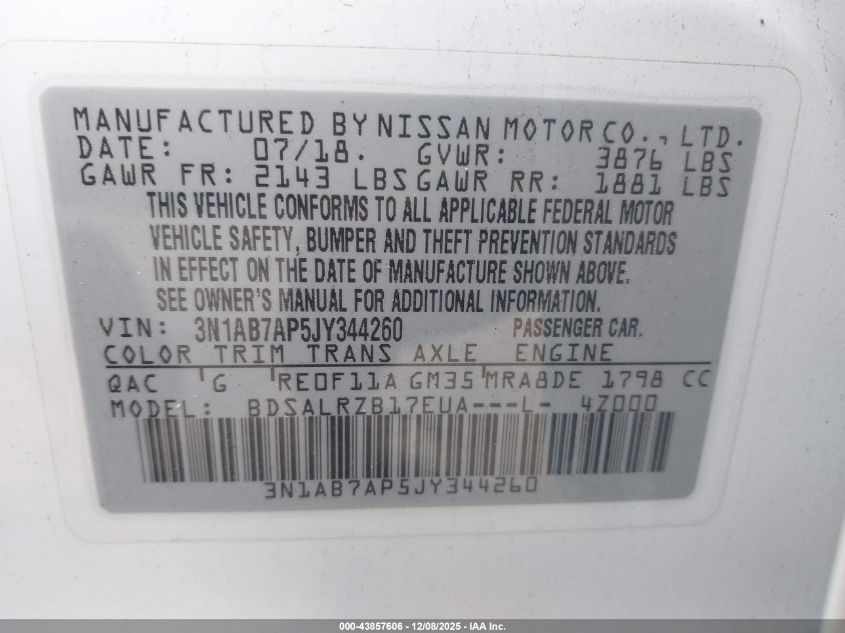 2018 Nissan Sentra Sr VIN: 3N1AB7AP5JY344260 Lot: 43857606