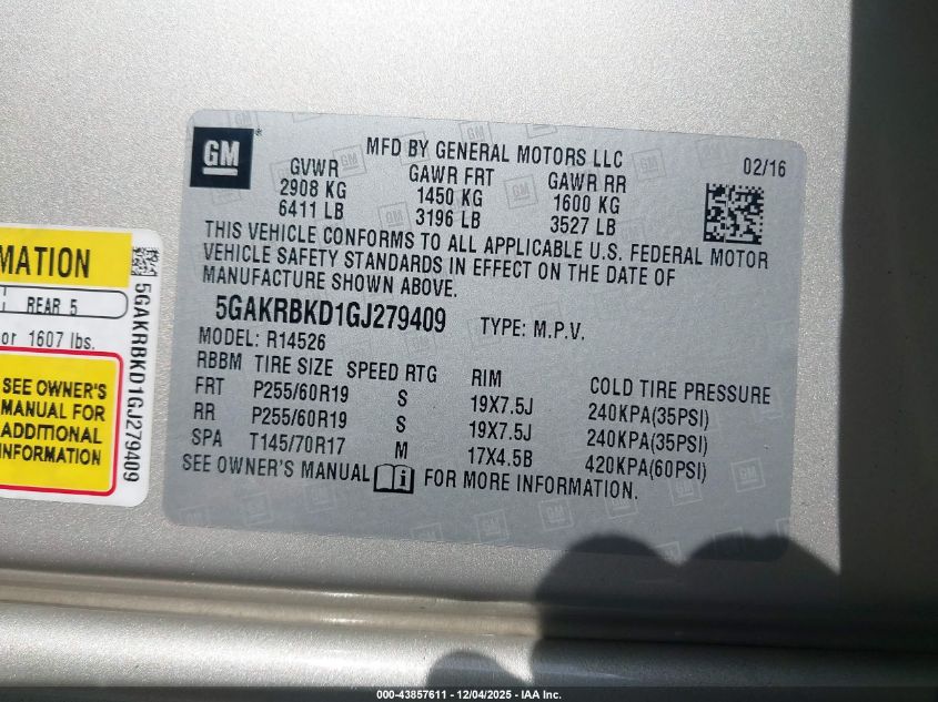 2016 Buick Enclave Leather VIN: 5GAKRBKD1GJ279409 Lot: 43857611