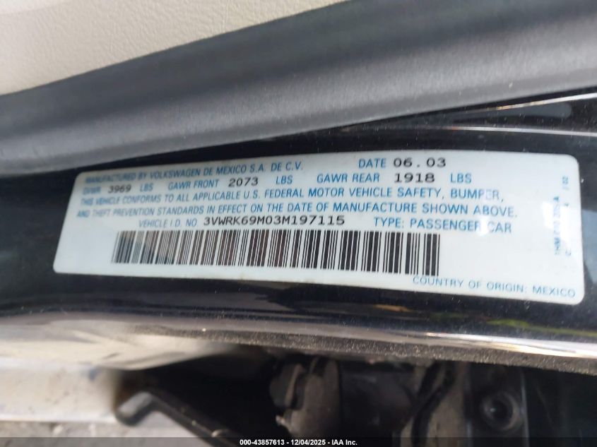 2003 Volkswagen Jetta Gl VIN: 3VWRK69M03M197115 Lot: 43857613