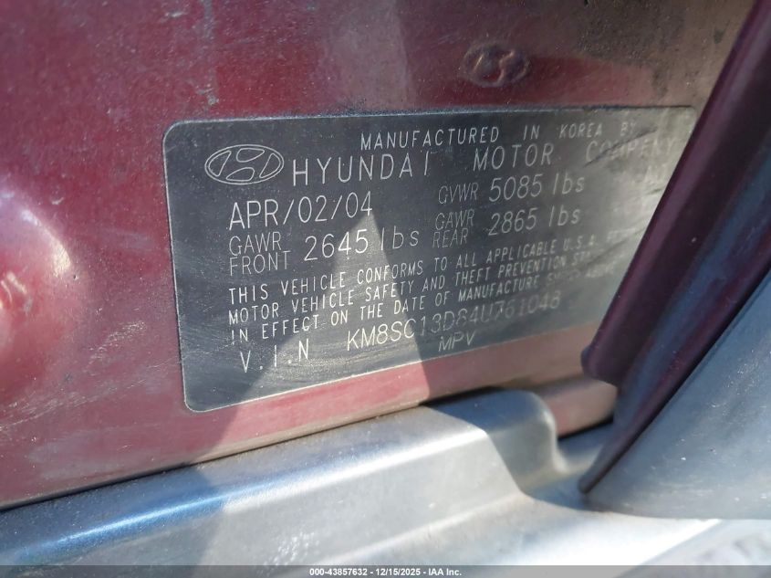 2004 Hyundai Santa Fe Gls VIN: KM8SC13D84U761048 Lot: 43857632