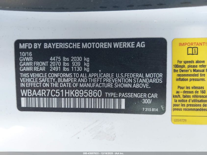 2017 BMW 430I VIN: WBA4R7C51HK895860 Lot: 43857633