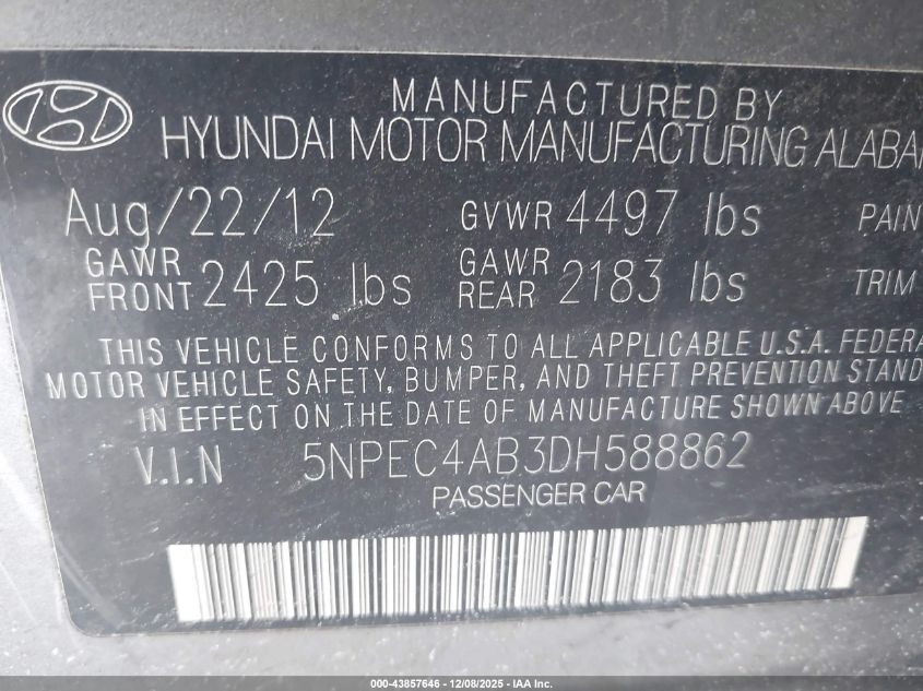 2013 Hyundai Sonata Limited 2.0T VIN: 5NPEC4AB3DH588862 Lot: 43857646