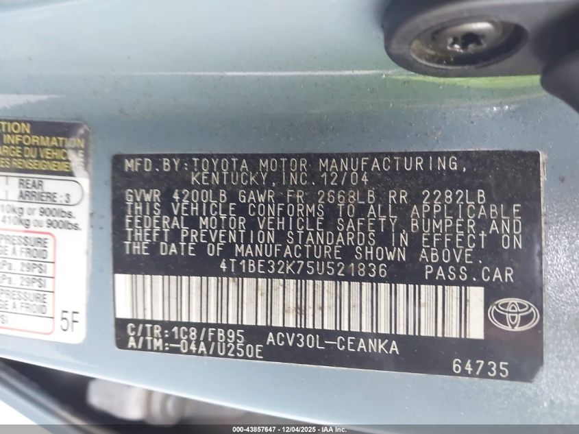 2005 Toyota Camry Le VIN: 4T1BE32K75U521836 Lot: 43857647