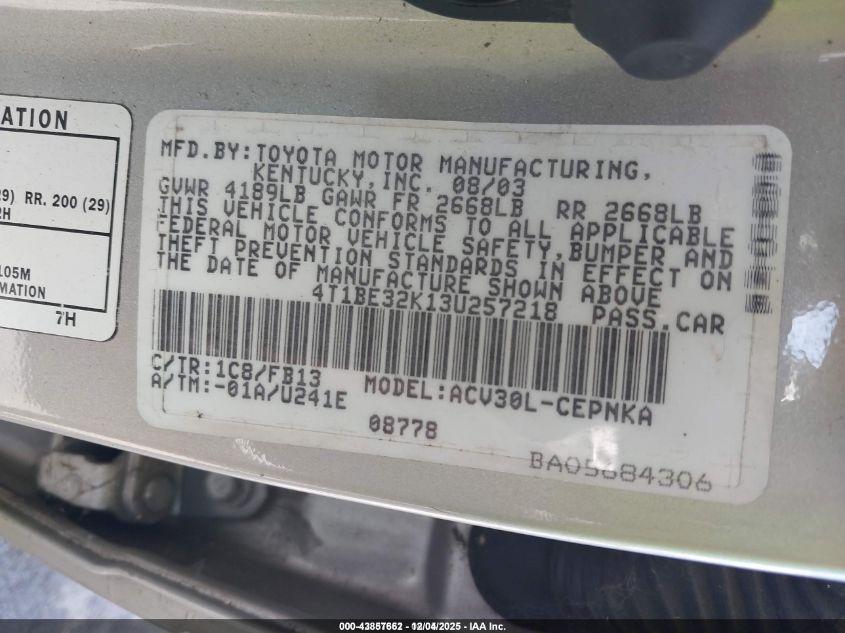 2003 Toyota Camry Le VIN: 4T1BE32K13U257218 Lot: 43857662