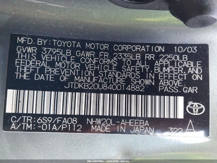 2004 Toyota Prius VIN: JTDKB20U840014882 Lot: 43857664