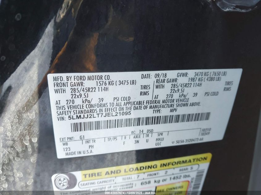 2018 Lincoln Navigator Reserve VIN: 5LMJJ2LT7JEL21095 Lot: 43857674