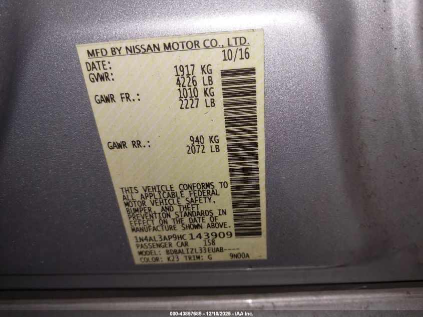 2017 Nissan Altima 2.5 Sv VIN: 1N4AL3AP9HC143909 Lot: 43857685
