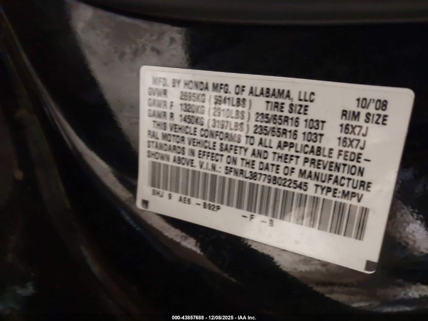 2009 Honda Odyssey Ex-L VIN: 5FNRL38779B022545 Lot: 43857688