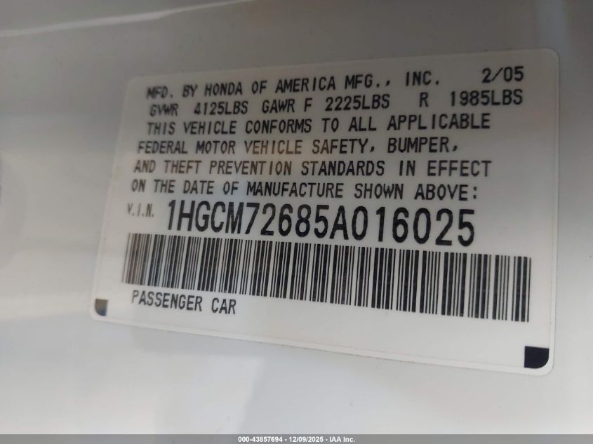 2005 Honda Accord 2.4 Ex VIN: 1HGCM72685A016025 Lot: 43857694