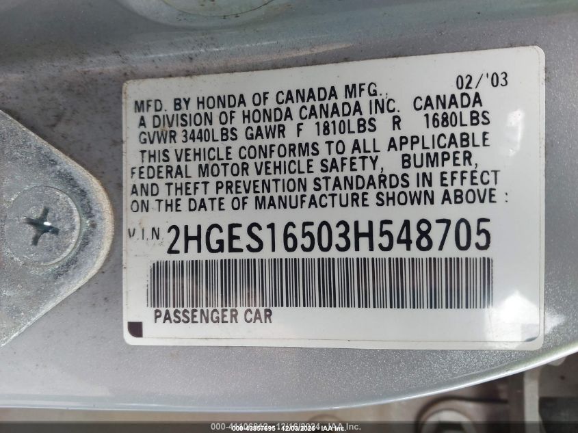 2003 Honda Civic Lx VIN: 2HGES16503H548705 Lot: 43857695