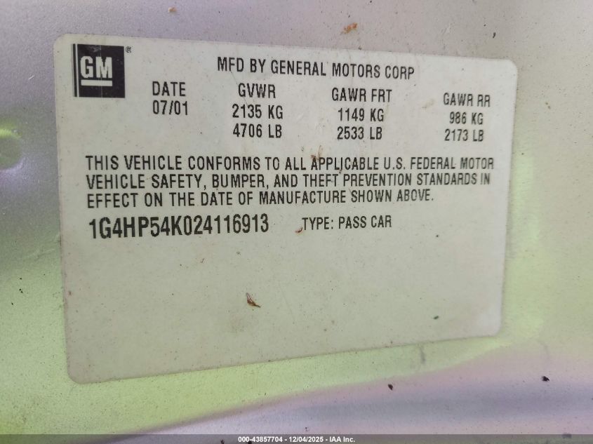 2002 Buick Lesabre Custom VIN: 1G4HP54K024116913 Lot: 43857704