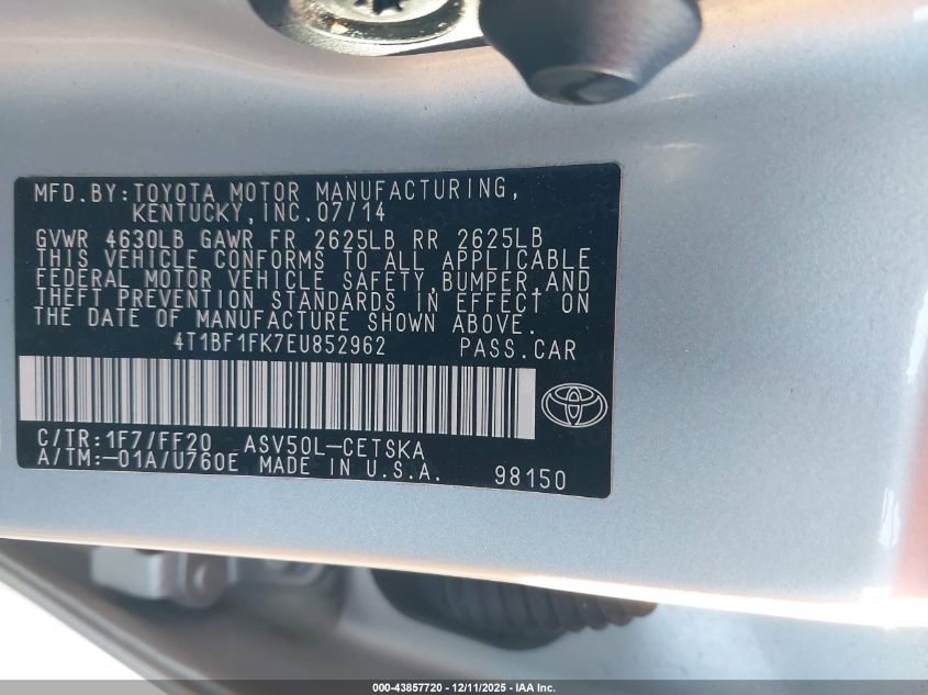 2014 Toyota Camry Se VIN: 4T1BF1FK7EU852962 Lot: 43857720