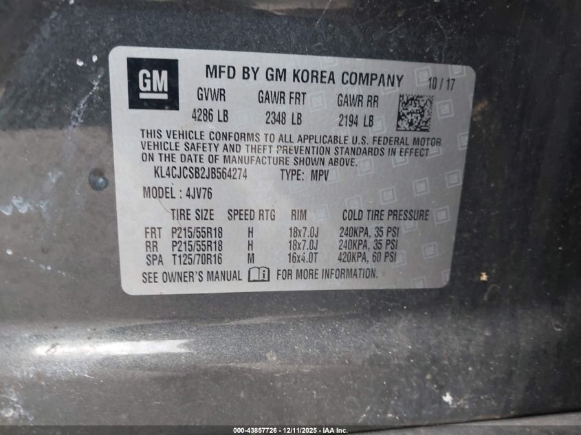 2018 Buick Encore Essence VIN: KL4CJCSB2JB564274 Lot: 43857726