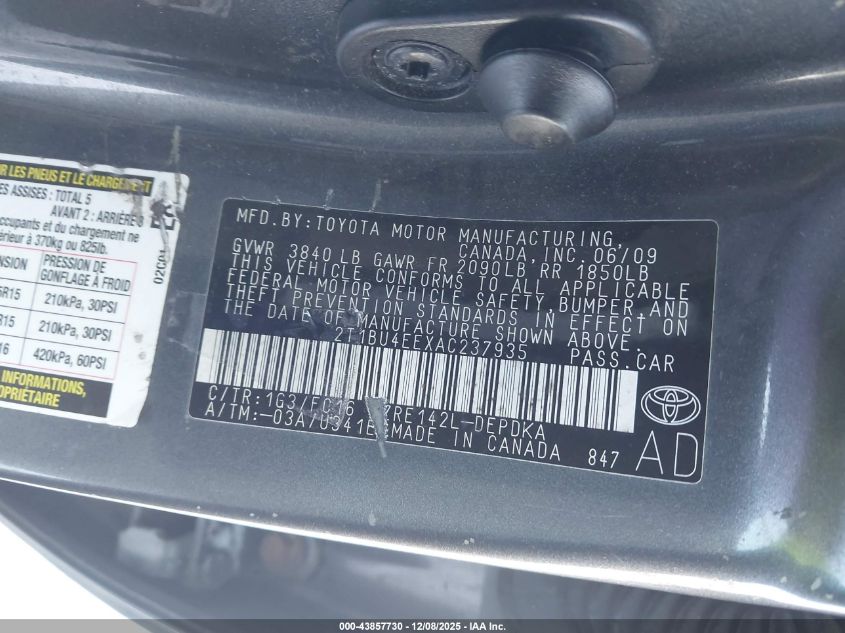 2010 Toyota Corolla Le VIN: 2T1BU4EEXAC237935 Lot: 43857730