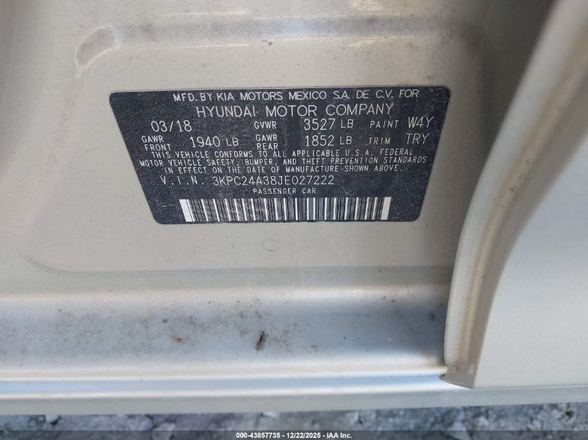 2018 Hyundai Accent Se VIN: 3KPC24A38JE027222 Lot: 43857735