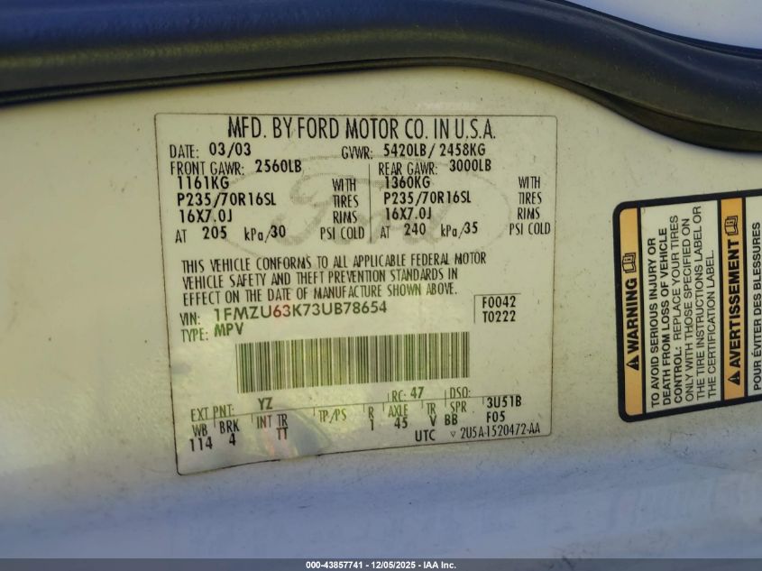 2003 Ford Explorer Nbx/Xlt VIN: 1FMZU63K73UB78654 Lot: 43857741