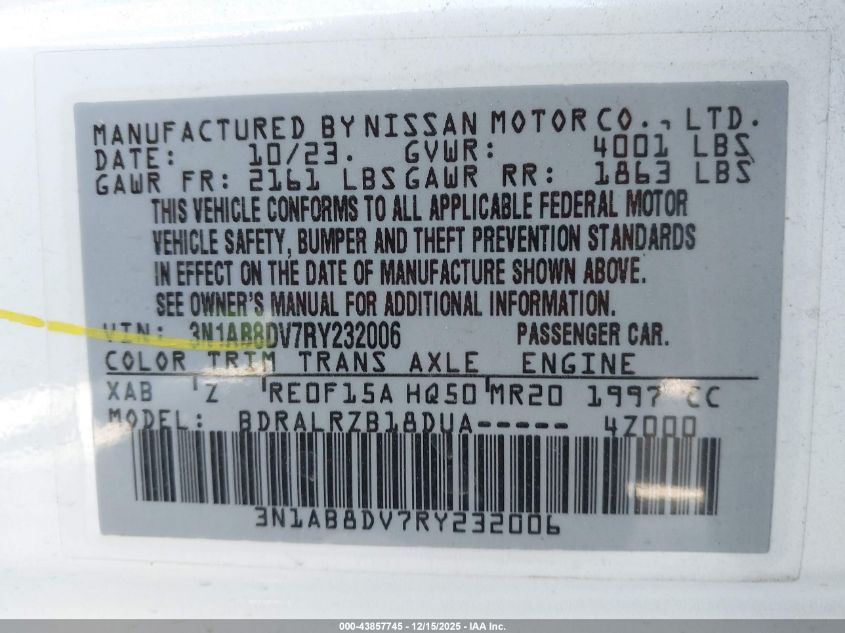 2024 Nissan Sentra Sr Xtronic Cvt VIN: 3N1AB8DV7RY232006 Lot: 43857745