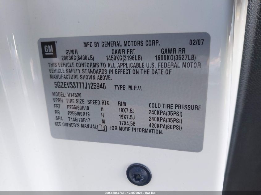 2007 Saturn Outlook Xr VIN: 5GZEV33777J125940 Lot: 43857748