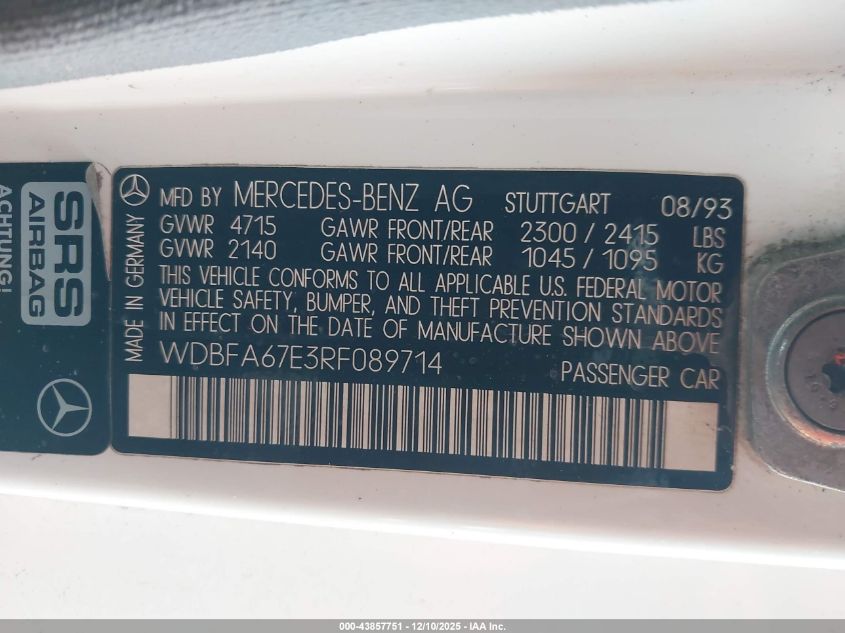 1994 Mercedes-Benz Sl 500 VIN: WDBFA67E3RF089714 Lot: 43857751