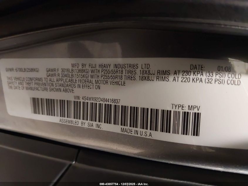 2008 Subaru Tribeca Limited 5-Passenger VIN: 4S4WX92D484416837 Lot: 43857754