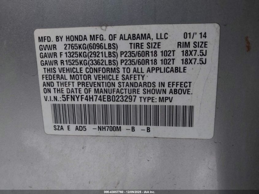 2014 Honda Pilot Ex-L VIN: 5FNYF4H74EB023297 Lot: 43857760