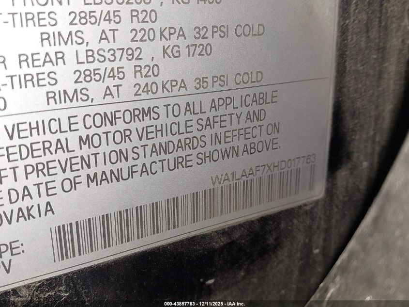 2017 Audi Q7 3.0T Premium VIN: WA1LAAF7XHD017763 Lot: 43857763