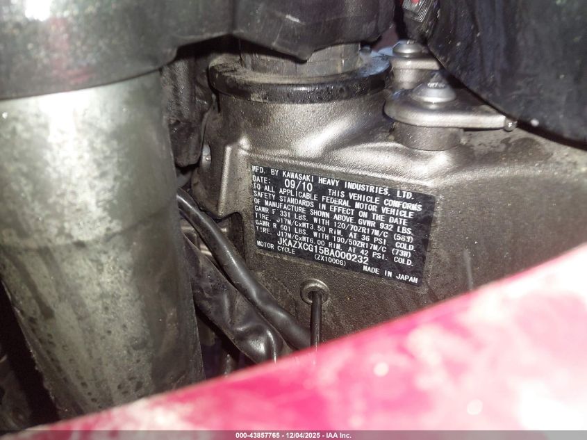 2011 Kawasaki Zx1000 G VIN: JKAZXCG15BA000232 Lot: 43857765